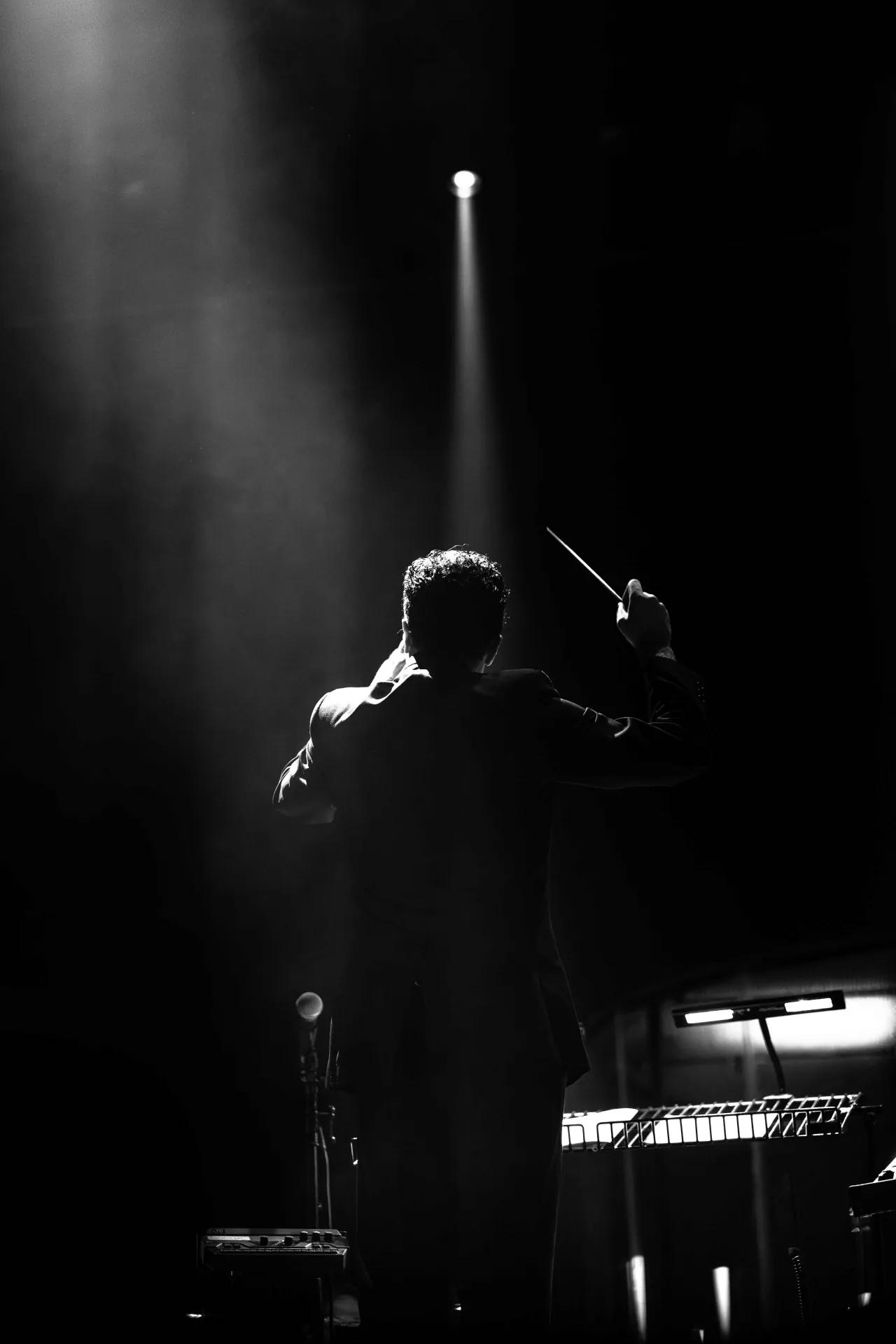 live performance photo in black and white, composer